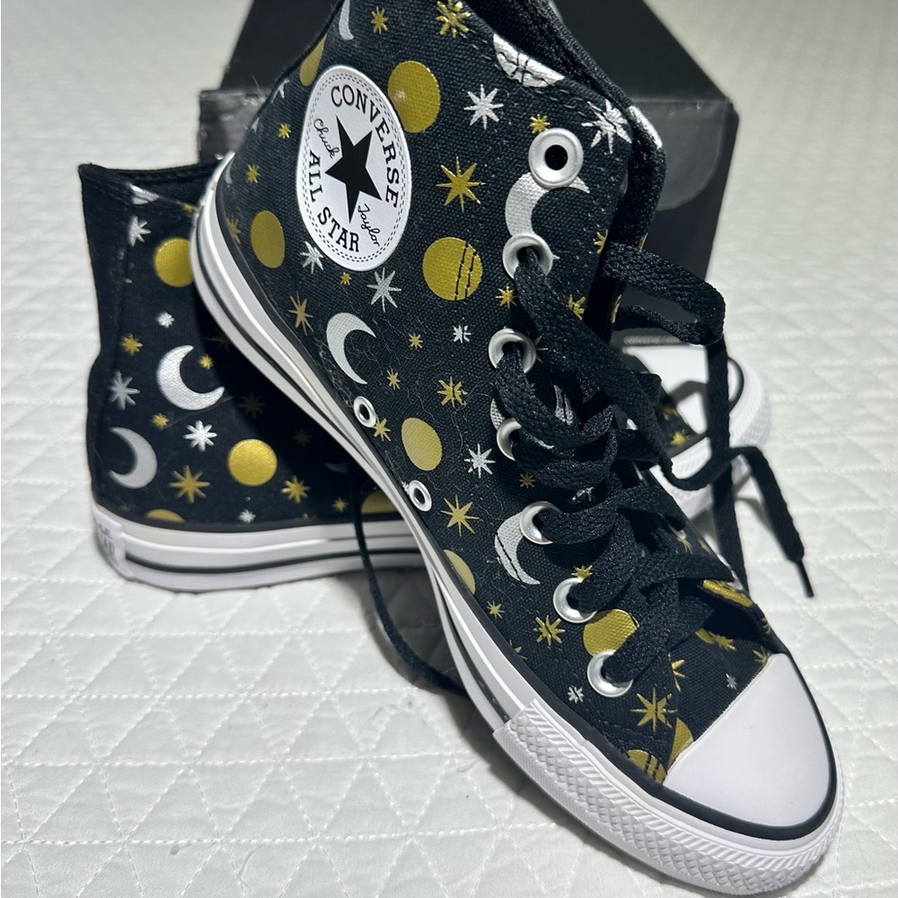 Converse Black High-Tops with Gold and White Starry Design